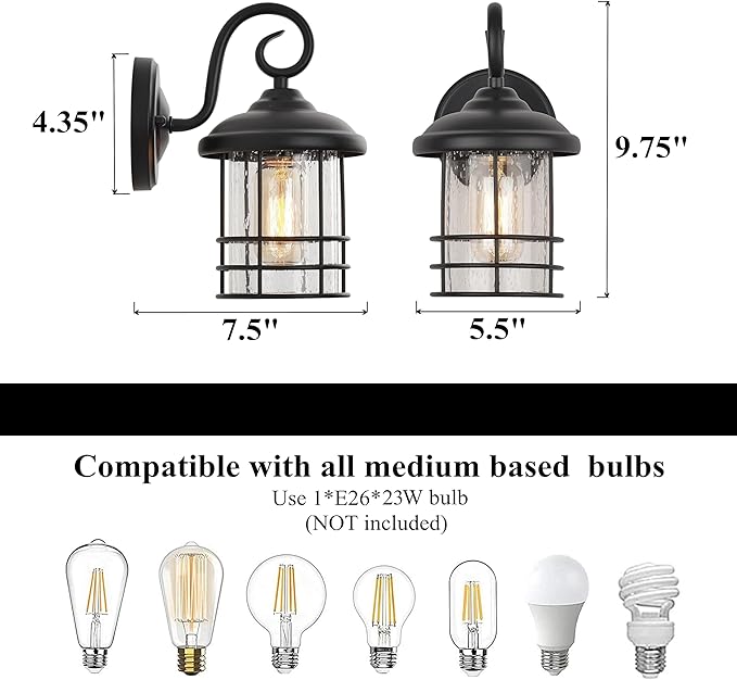 MICSIU 9.8-Inch Black Outdoor Wall Sconce, Exterior Light Fixture with Seedy Glass Cylinder, 5.5" Wide Weather Resistant Outside Wall Mount Lantern for House, Porch, Garage, E26 Base