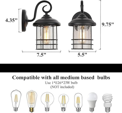 MICSIU 9.8-Inch Black Outdoor Wall Sconce, Exterior Light Fixture with Seedy Glass Cylinder, 5.5" Wide Weather Resistant Outside Wall Mount Lantern for House, Porch, Garage, E26 Base