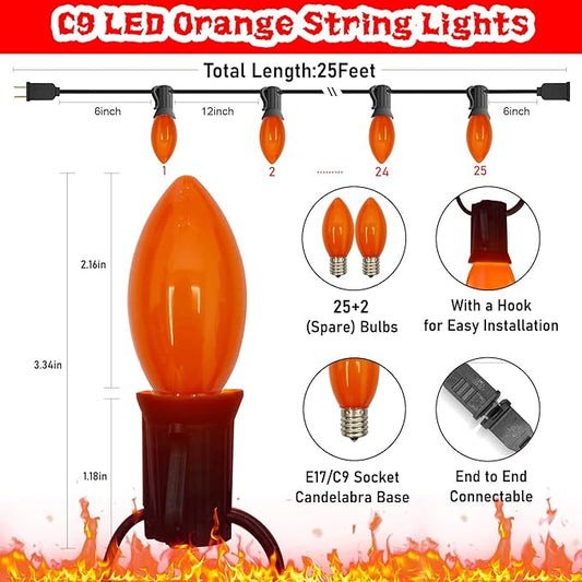 SUNSGNE C9 LED Halloween Orange String Lights 25FT Outdoor String Lights with 27 0.6W LED Plastic Bulbs(2 Spare) for Patio Garden Roofline Backyard Decorations, Black Wire