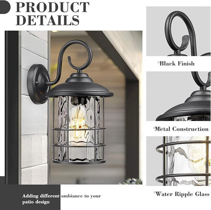 Emliviar 2 Pack Outdoor Black Wall Sconces with Water Ripple Glass, E26 Base, 12.5 Inch Front Door Vintage Wall Lighting for Entryway and Garden, 1803CW2-2PK-WG
