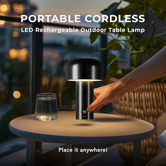 Globe Electric 60000118 8" 1.5W LED Integrated Outdoor Table Lamp, Black, Plug-in Rechargeable Battery, USB-C Cable, Frosted Acrylic Diffuser, 4-Step Dimmer Touch Switch, Wet Rated