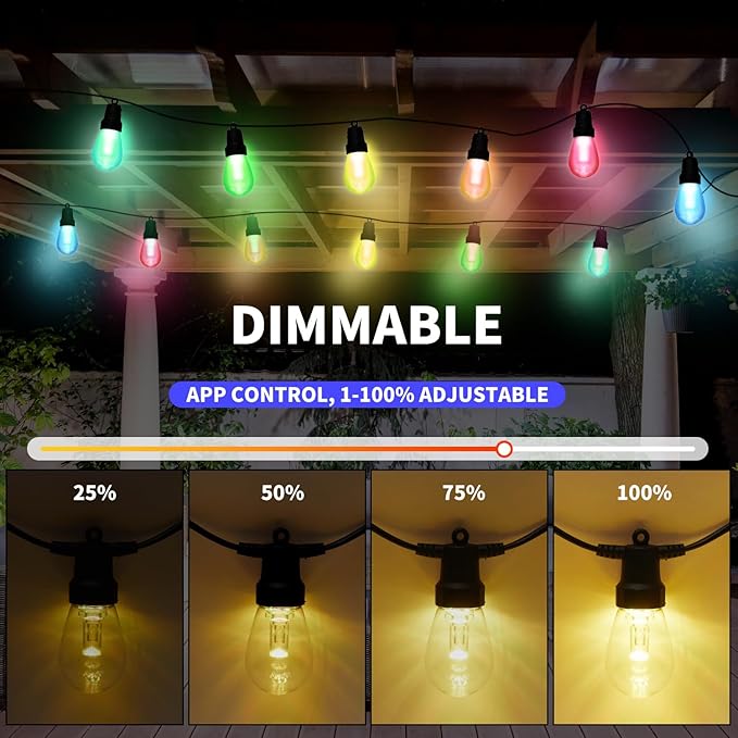 Outdoor String Lights 50FT, Outdoor Lights for Patio with 20 Dimmable RGBW LED Bulbs, IP66 Waterproof Shatterproof | Lumora