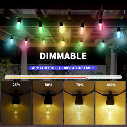 Outdoor String Lights 27FT, Outdoor Lights for Patio with 10 Dimmable RGBW LED Bulbs, IP66 Waterproof Shatterproof, with APP Control & Remote, 24V Adapter Color Change,for Backyard Decor