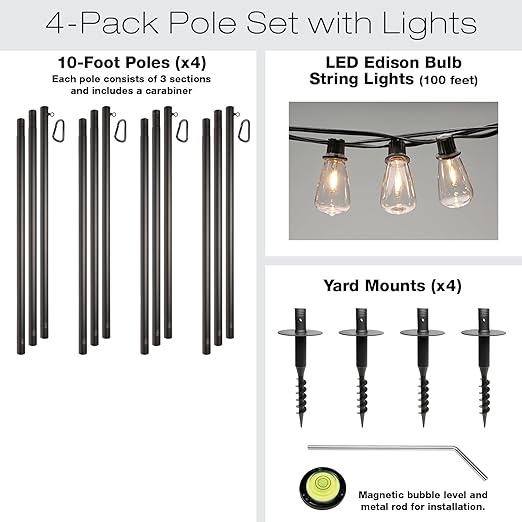EXCELLO GLOBAL PRODUCTS Premium String Light Pole 4 Pack with 100' of LED Edison Bulb String - Outdoor Path Light | Lumora