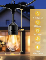 Svater Outdoor Led String Lights 50FT, Patio Lights with 16pcs S14 Shatterproof Bulbs, 1 Watt E26 Dimmable 2700K | Lumora