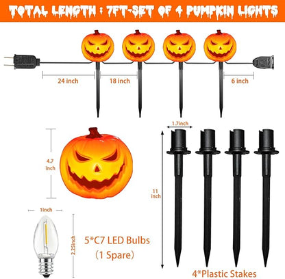 SUNSGNE Halloween Pathway Lights, Set of 4 Halloween Pumpkin Stake Lights with 5 C7 LED Light Bulbs(1 Spare), Connectable Pumpkin Light for Path Walkway Driveway Garden Decorations