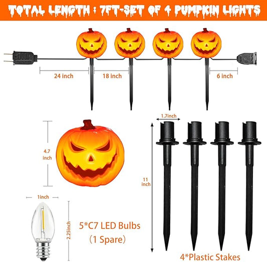 SUNSGNE Halloween Pathway Lights, Set of 4 Halloween Pumpkin Stake Lights with 5 C7 LED Light Bulbs(1 Spare), Connectable Pumpkin Light for Path Walkway Driveway Garden Decorations