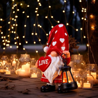 Retisee Solar Valentine's Day Garden Statue Resin Gnome Statue with Hearts LED Lights Outdoor Love Solar Light Figurine Decoration for Yard Patio Lawn Gift for Valentine's Day Anniversary