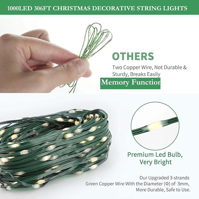 Tcamp 306FT 1000 LED Red Christmas Lights, 8 Modes Christmas Tree Lights with Timer Memory Function, Green Wire Starry Fairy String Light for Xmas Tree Outdoor Indoor Decor