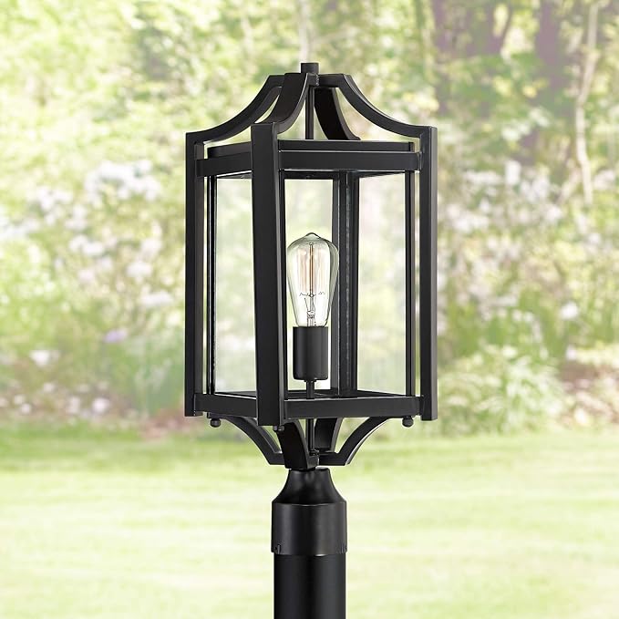 Franklin Iron Works Rockford Collection Rustic Farmhouse Outdoor Post Light Fixture Black Iron 20 1/4" Clear | Lumora