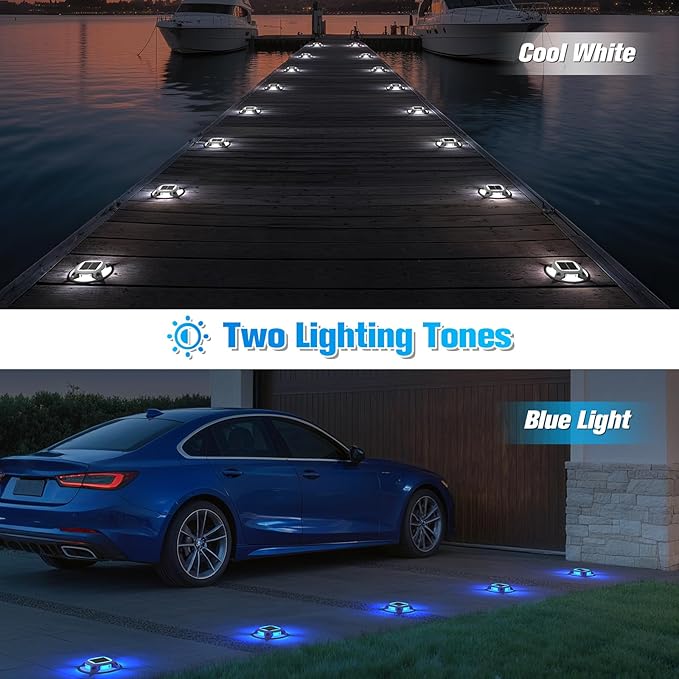 VOLISUN Solar Driveway Lights Dock Deck Lights 12 Pack,2 Colors in 1 Led IP67 Waterproof Outdoor Warning Step Lights for Driveway Sidewalk Pathway (White/Blue)