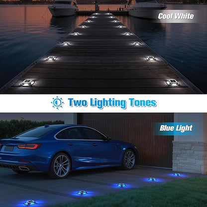 VOLISUN Solar Driveway Lights Dock Deck Lights 12 Pack,2 Colors in 1 Led IP67 Waterproof Outdoor Warning Step Lights for Driveway Sidewalk Pathway (White/Blue)