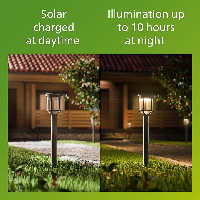 Philips LED Capri Outdoor Solar Pathlight, 1-Pack, Long-Lasting Solar Powered LED Light, Bright White Light, 3000K, 50 Lumens, IP44, Black