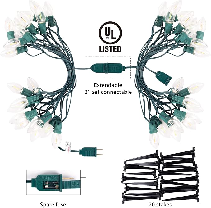 Brightown C9 Christmas String Lights Outdoor - 25.7 Feet 20 LED Pathway Lights, Connectable Waterproof Walkway Light for Indoor Xmas Party Holiday Wedding Commercial Decorations, Multicolored