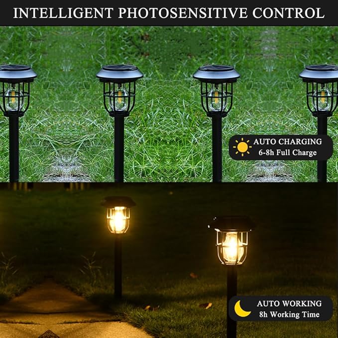Solar Pathway Lights 4 Pack Motion Sensor, IP65 Waterproof, 120LM Warm White Tungsten Bulb for Garden Yard Lawn Decor
