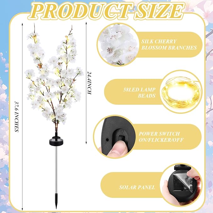 VIHOSE 2 Pack Spring Flowers Solar Stake Lights Outdoor Decor Waterproof Artificial Cherry Solar Lights for Outdoor Garden Yard Pathway Home Wedding Decor