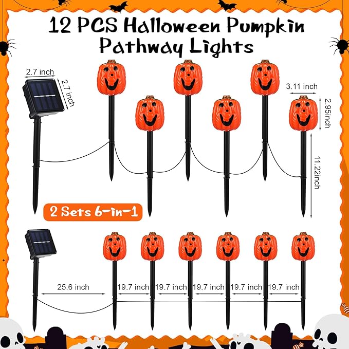12 Pack Halloween Pumpkin Pathway Solar Lights, Orange Yard Stake Pumpkin Shaped Pathway Lights Outdoor Waterproof | Lumora