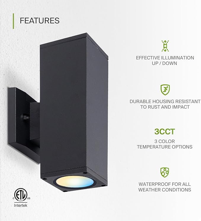 ASD 2 Light Square LED Indoor & Outdoor Wall Light Fixture | 18W 1900LM 3000K-5000K 120V Cylinder Up Down Lights | Dimmable Exterior Wall Sconce | Front Door, Porch, Patio | Black, ETL 6 Pack