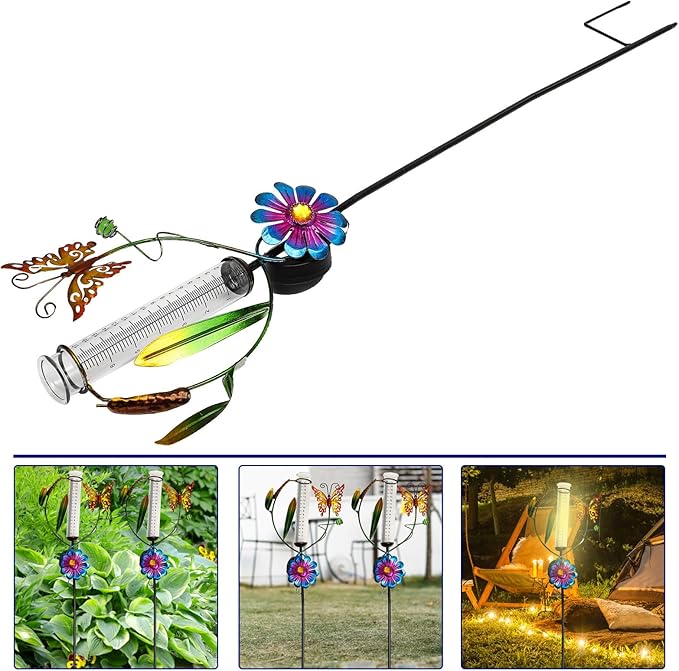 Solar Garden Path Lights with Butterfly Rain Gauge Decorative Outdoor Solar Lawn Lights for Patio and Yard Landscaping