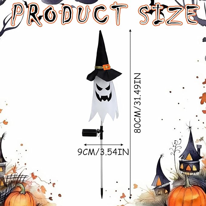 Riakrum 2 Pcs Halloween Solar Pathway Lights Solar Halloween Ghost Witch Hat Stake Lights Decorations Outdoor Big Spooky Ghost Decor for Pathway Porch Yard Walkway Lawn Garden Indoor Outside Party