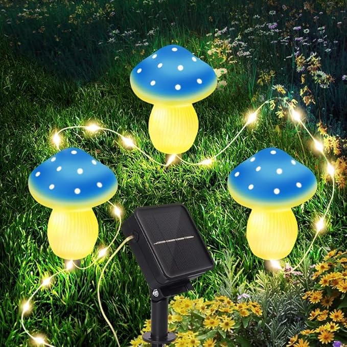 Generic Mushroom Solar Lights Outdoor, Waterproof Mushroom Landscape Lights 8 Lighting Modes Mushroom Garden Fairy Lights (Blue, 3 Pack)