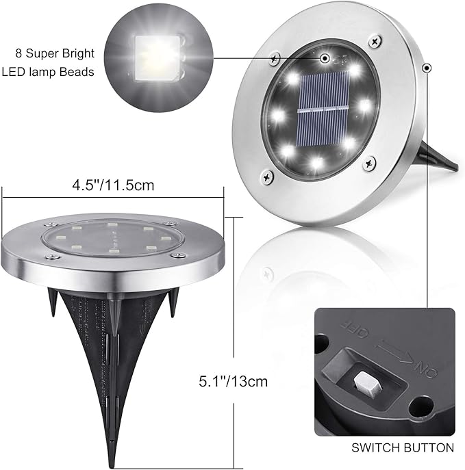 LYHOPE Solar Ground Lights Outdoor, 8 Pack 8 LED Solar Disk Lights Waterproof Garden In-ground Pathway Light | Lumora