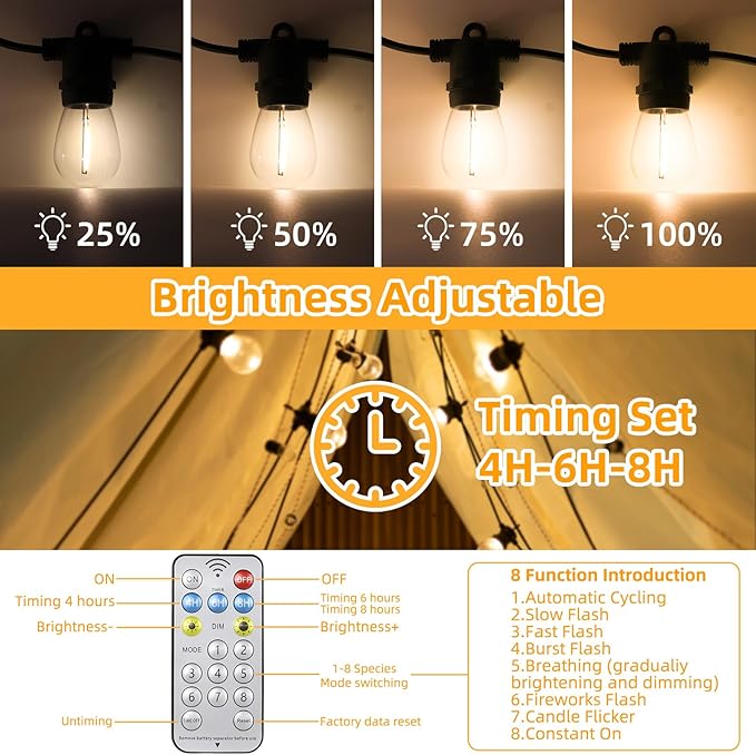 35FT Solar String Lights, 2200K S14 LED Globe Outdoor Lights for Patio with 16 Edison Vintage Shatterproof Bulbs, Connectable Backyard Lights for Bistro, Porch, Cafe