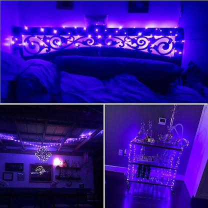 RUICHEN Dimmable Purple Fairy Lights Plug in, Waterproof Silver Wire 99 Ft 300 LED Starry String Lights with Remote for Christmas Halloween Party Bedroom Patio Garden
