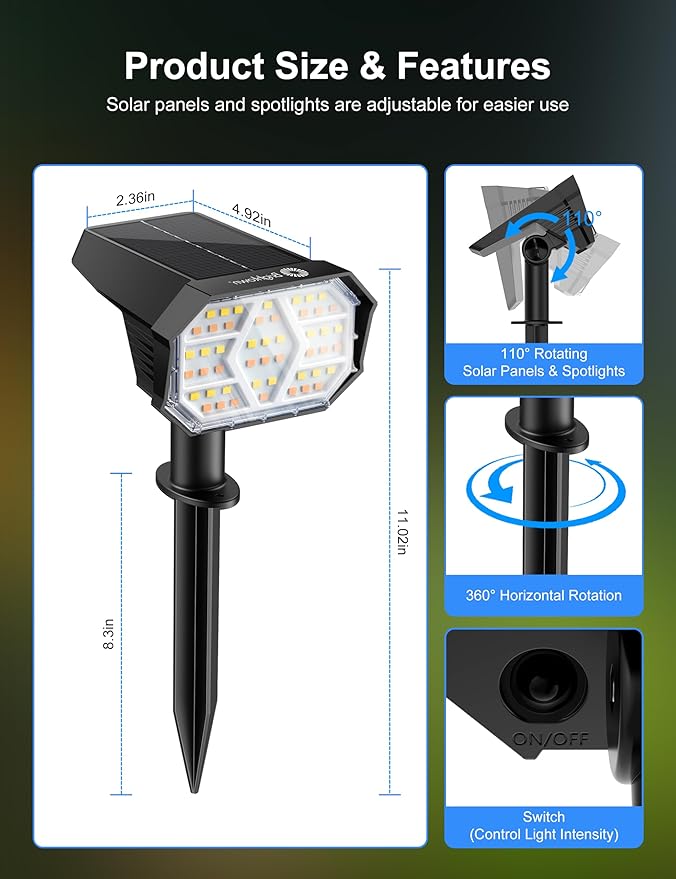 Brightown 4Pack Solar Spot Lights Outdoor [Cool & Warm Light 2-in-1], IP67 Solar Lights Outdoor Waterproof with | Lumora