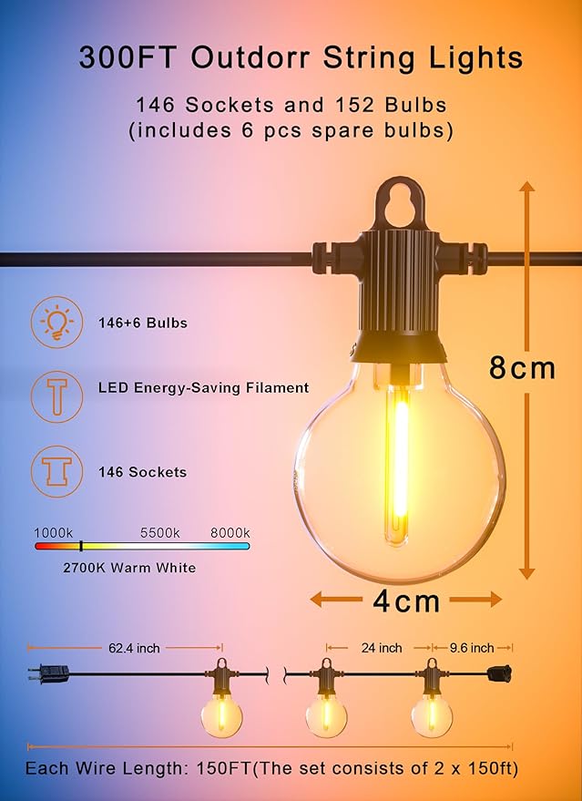 Outdoor String Lights Waterproof, 300FT Patio Lights with 146 Shatterproof G40 Globe Bulbs(6 Spare), Connectable | Lumora