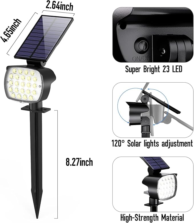 hyrion Solar Spotlight Outdoor Waterproof Ip65 23 LED 3 Lighting Mode 2-in-1 Solar Powred Yard Spot Lights for Garden Tree Law Pathway 6 Pack Cool White
