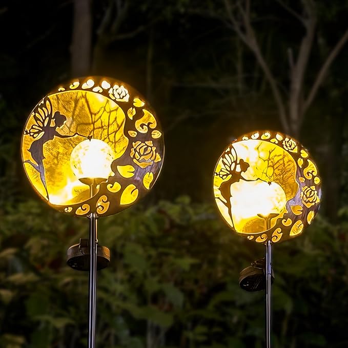 2-Pack Fairy Solar Garden Light, Decorative Outdoor Statue, Moon Star Decor Stake, Metal Sculpture Decoration for Yard, Lawn, Patio, Pathway, Housewarming, Birthday Gift for Mom, Grandma, Women