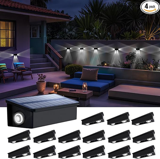 Fence Lights Solar Powered Outdoor Waterproof 3 Sided Wall LED Landscaping 16 Pack for Yard, Deck, Patio, Rail, Garage, Pool, Balcony, Energy Efficient Cool White Safety and Ambiance,Easy Install