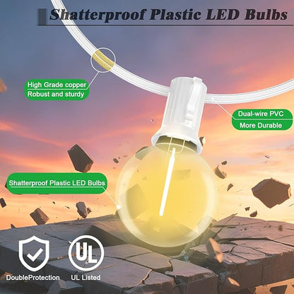 G40 LED Globe Outdoor String Lights 25FT, Waterproof & Shatterproof with 25 Clear Plastic Bulbs (2 Spare), for Cafe Bistro Porch Garden Balcony Party Decor (Warm White-White, 25FT)