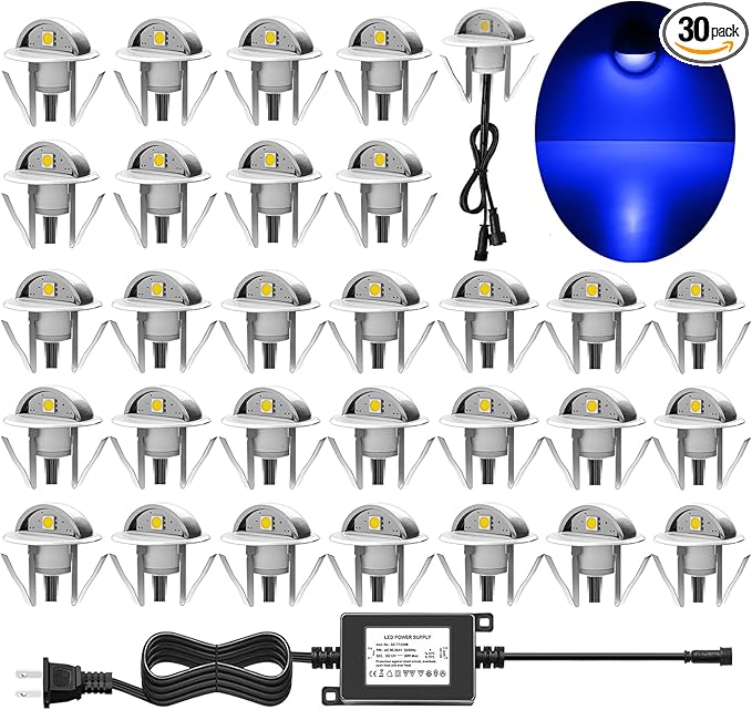 Recessed LED Deck Light Kit, 30pcs 10Lm In Ground Outdoor Landscape LED Lighting for Stair Patio Garden Floor Corner Sauna Room Bathroom, Waterproof IP65, 12V Low Voltage, Blue