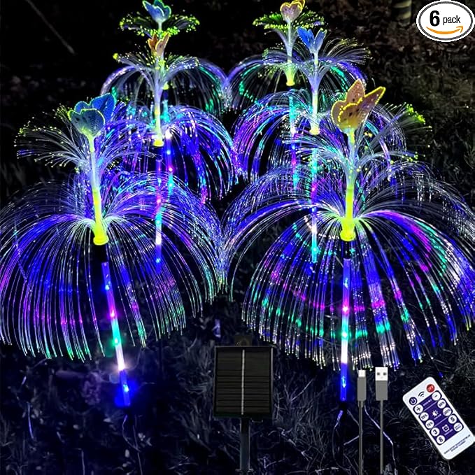 6 Pack LED Outdoor Solar Powered Double-Layer Butterfly Jellyfish Lights With Remote Control, Waterproof Courtyard Atmosphere Decorative, Multi-Color Landscape Trail