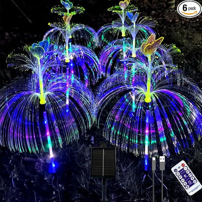 6 Pack LED Outdoor Solar Powered Double-Layer Butterfly Jellyfish Lights With Remote Control, Waterproof Courtyard Atmosphere Decorative, Multi-Color Landscape Trail