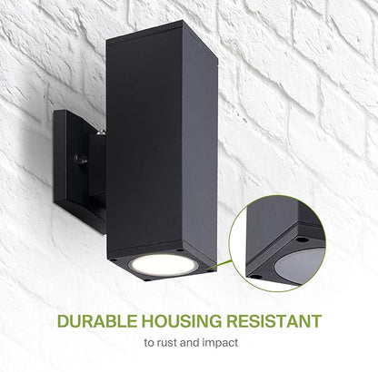 ASD 2 Light Square Dusk to Dawn LED Outdoor Wall Light Fixture | 18W 1900LM 3000K-5000K 120V Cylinder Up Down Lights | Exterior Wall Sconce | Front Door, Porch, Patio | Black, ETL