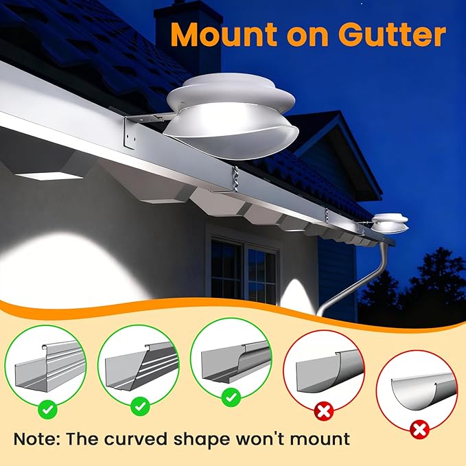 ROSHWEY Gutter Lights Solar Powered, 6 Pack Solar Patio Decor Lights with 9 LED Waterproof Fence Light for Eaves Garage Garden Landscape Pathway (Cool White)