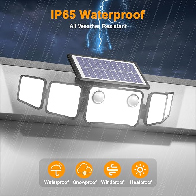 Onforu 6000LM Solar Lights Outdoor, 5 Heads Solar Security Lights with Remote Control, IP65 Waterproof Motion Sensor Lights 3 Modes Flood Lights for Wall, Porch, Yard, Outside, 2 Pack