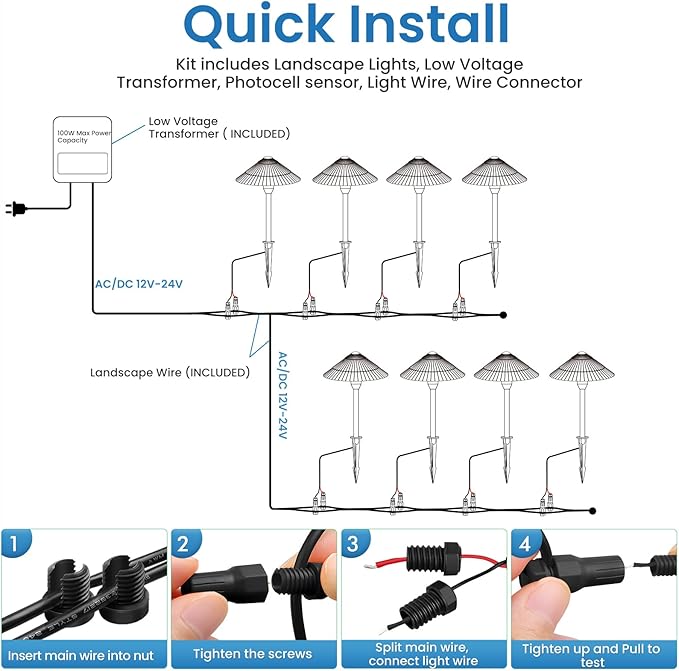 ZZXX All-in-One Low Voltage Landscape Lighting Kit 8-Pathway Lights with 96W Transformer, 5W LED Landscape Lighting Low Voltage 12-24V,IP66 Waterproof Outdoor Lights 2700K for Yard Patio Walkway