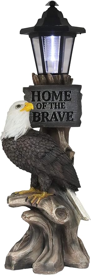 Ebros Home of The Brave Patriotic American Bald Eagle Perching On Tree Stump Garden Courtesy Night Light Statue Solar LED Lantern Lamp Guest Greeter Decor for Patio Poolside Home Figurine