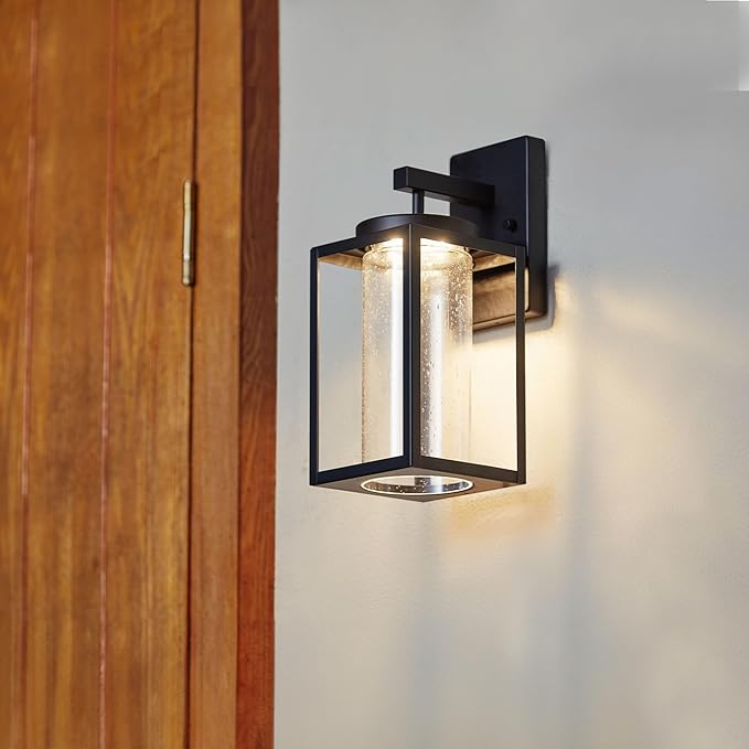 Globe Electric 44359 Capulet LED Integrated Outdoor Indoor Wall Sconce, Black, Clear Bubble Glass Center Column | Lumora