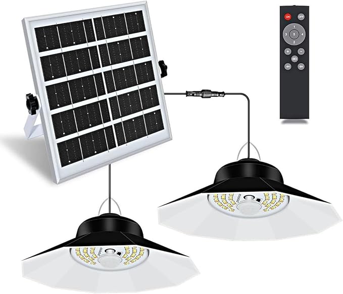Solar Light Outdoor Indoor with 3 Color 4 Brightness Modes Work Day and Night Solar Powered Pendant Lights for Shed Garage Yard,Double