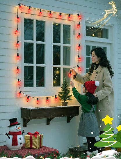 25Ft Red Chritsmas Lights Outdoor, C7 Vintage String Lights with 27 Red Baked Incandescent Bulbs, Hanging Patio Lights for Porch Roofline Christmas Tree Garden Pathway Indoor Decor