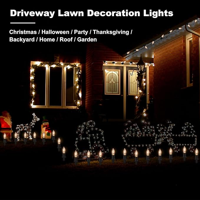 Christmas Pathway LED Lights Outdoor, 20 Lights C9 Walkway Lights with Stakes, 24.2ft Clear Driveway Christmas Lights for Pathway, Warm White, Extendable for Outdoor Decorations