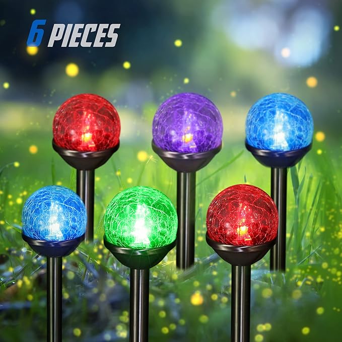 Honoson 6 Pieces Crackle Glass Solar Lights LED Color Changing Outdoor Lawn Lights for Garden Decor Patio Pathway Lawn Yard Landscape