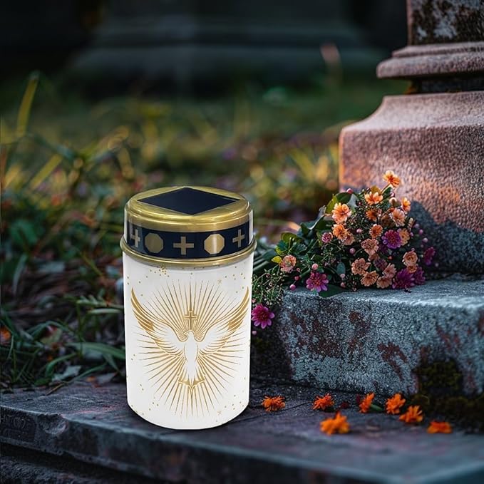 Poceacles Cross Outdoor Solar Lights - Water Resistant Solar Garden Stake Lights for Cemetery Grave Decorations, Dove of Peace Cross Gold White, Pack of 2