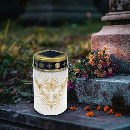 Poceacles Cross Outdoor Solar Lights - Water Resistant Solar Garden Stake Lights for Cemetery Grave Decorations, Dove of Peace Cross Gold White, Pack of 2