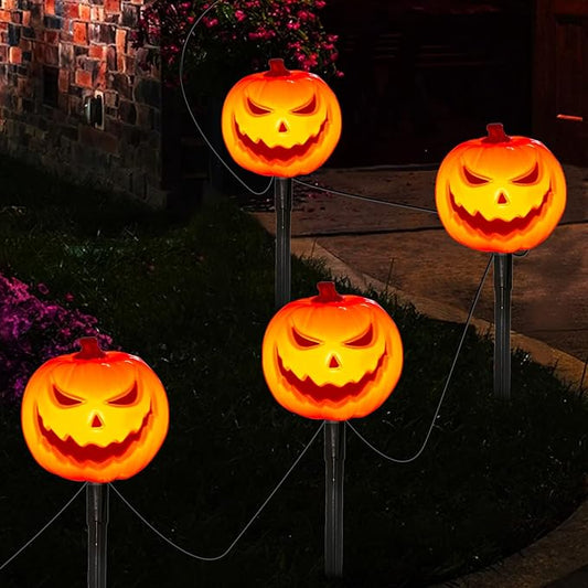 SUNSGNE Halloween Pathway Lights, Set of 4 Halloween Pumpkin Stake Lights with 5 C7 LED Light Bulbs(1 Spare), Connectable Pumpkin Light for Path Walkway Driveway Garden Decorations
